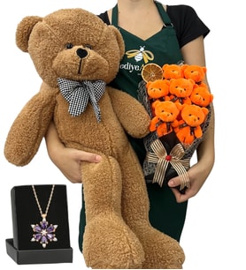 7'li Peluş Ayıcık Buketi, Gerçek Ametist Taşlı Lotus Kolye ve Kahverengi Ayıcık (Model 1)