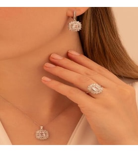 Kadın Gümüş Set - Kare Baget Taşlı Baget Süslemeli Rodyumlu Kadın Set