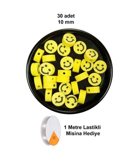30 Adet 10 mm Polimer Kil Fimo Boncuk Takı Bileklik + 1 Metre Lastikli Misina Hediye - Gülen Yüz Smile