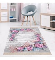 Gül Desenli Dijital Baskı Yıkanabilir Kaymaz Taban Vintage Salon Halısı ve Yolluk (Gri) (Mavi)