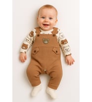 Unisex 3-6-9 Ay Pamuklu Peluş Ayıcık Baskılı Salopet Takım (body+tulum+çorap)  Bebek Kıyafeti Seti (Kahverengi)