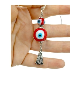 Kırmızı Cam Nazar Boncuğu Araba Dikiz Ayna Süsü El Yapımı Gold Renkli İpli Hediyelik Aksesuar