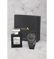 Polo Air Takvimli Erkek Kol Saati Ve 55ml Parfüm Hediyelik Kutusunda Set Siyah Renk ST-5009E1 (Siyah-Siyah)