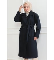 Kaşe Kaban Uzun Boy Kruvaze Yaka Kuşaklı Tesettür Kaşe Kaban Astarlı - Lacivert