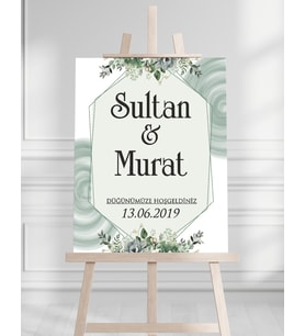 Söz Nişan Düğün İçin 50x70 Karşılama Panosu - Yeşil Çiçek Tasarımlı 005