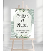 Söz Nişan Düğün İçin 50x70 Karşılama Panosu - Yeşil Çiçek Tasarımlı 005
