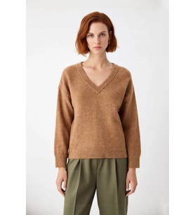 Modern Kadın Oversize V Yaka Triko Düz Düşük Kol Günlük Basic Kışlık Alpaka Karışımlı Kazak