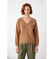 Modern Kadın Oversize V Yaka Triko Düz Düşük Kol Günlük Basic Kışlık Alpaka Karışımlı Kazak
