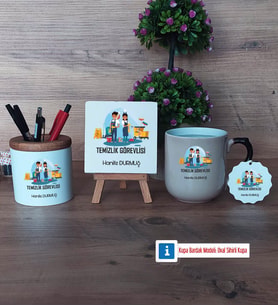Temizlik Görevlisi Dekoratif Taş, Kalemlik, Sihirli Oval Kupa Bardak, Ahşap Anahtarlık Hediye (Model 1)