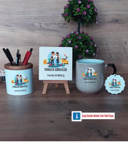 Temizlik Görevlisi Dekoratif Taş, Kalemlik, Sihirli Oval Kupa Bardak, Ahşap Anahtarlık Hediye (Model 1)