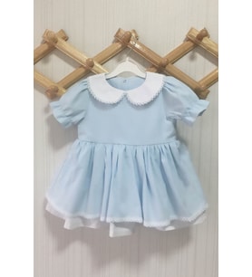 BEBE MAVİ BEBE YAKA POPLİN KIZ ÇOCUK BEBEK ELBİSE (Bebek Mavisi)