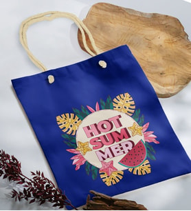 BK Gift Yaz Temalı Saks Mavi Halat Saplı Kumaş Plaj Çantası -16, Baskılı Omuz Çantası, Alışveriş Çantası, Arkadaşa Hediye, Sevgiliye Hediye