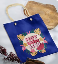 BK Gift Yaz Temalı Saks Mavi Halat Saplı Kumaş Plaj Çantası -16, Baskılı Omuz Çantası, Alışveriş Çantası, Arkadaşa Hediye, Sevgiliye Hediye
