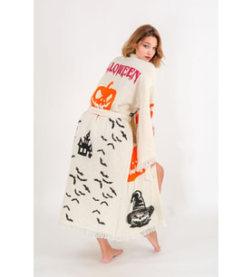 Halloween Müslin Kimono %100 Pamuklu Bornoz Kaftan Sabahlık (Ekru)