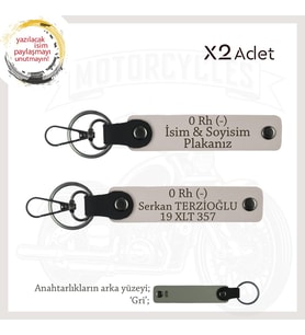 Motosiklet Maceracılarına İsim Plaka ve 0 Rh (-) Kan Grubu Yazılı Deri x2 Anahtarlık Seti, Pudra-Gr (Çok Renkli)