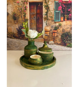 Özel Tasarım Yuvarlak Tepsi, Tealight Mumluk, Kapaklı Kutu, İskandinav Vazo Dekoratif Set (Yeşil)