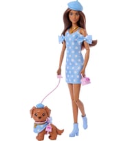 Barbie Uyumlu Dostlar Kahverengi Saçlı Bebek Ve Köpekçiği, Puantiye Desenli, Mavi Renkli Kıyafetler (Çok Renkli)