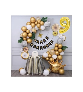 Kral Taçlı Gold Zincir Balon Doğum Günü Seti 9 Yaş
