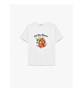 Koton Bisiklet Yaka Pamuklu Baskılı Beyaz Kadın T-Shirt 6SAK50034EK