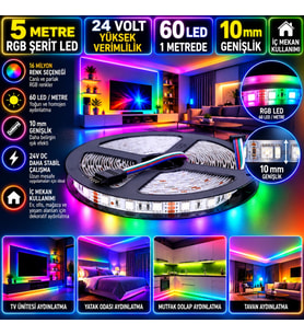 5M 24V 10mm 60 LED/Metre İç Mekân RGB Şerit LED