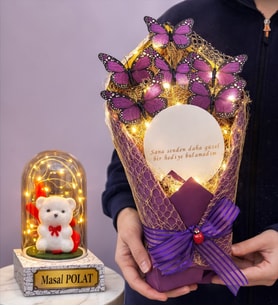 Size Özel Led Işıklı Fanus ve Aynalı Led Işıklı Kelebek Buketi Seti (Model 4)