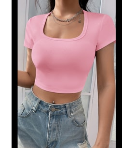 Fantezia Night Kadın Kahverengi Yarım Kol Düz Yaka Crop Top Bluz