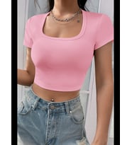 Fantezia Night Kadın Kahverengi Yarım Kol Düz Yaka Crop Top Bluz