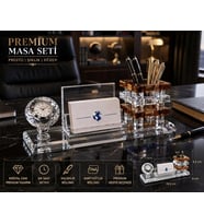 Premium Hediye Ofis Kristal Cam Saatli Kalemlik Kartvizitlik Yönetici Masaüstü Organizer Seti Kahve
