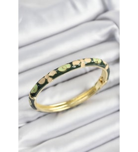 Mineli Pirinç Krem Ve Yeşil Çiçek Motifli Gold Renk Kadın Kelepçe 5886 - SSSSSS1723-4373