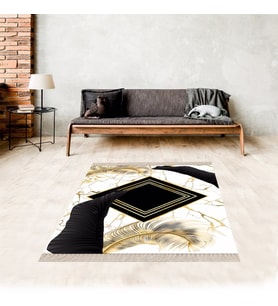 Kuş Tüyü Mermer Desenli Etnik Dijital Baskı Yıkanabilir Kaymaz Taban Modern Salon Halı ve Yolluk (Siyah)
