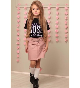 Kız Çocuk Little Yazı Baskılı T-Shirt Cep Detaylı Kemerli Pudra Deri Etekli Takı