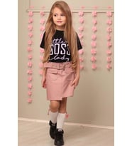 Kız Çocuk Little Yazı Baskılı T-Shirt Cep Detaylı Kemerli Pudra Deri Etekli Takı
