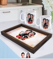 BK Gift Kişiye Özel İsimli Sevgililer Karikatürlü Doğal Ahşap Tepsi ve 2’li Kupa Bardak Seti-6
