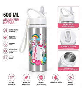 Alüminyum Matara 500 ML Çocuk Su Matarası Pipetli Sızdırmaz Dayanıklı Taşıma İpli