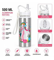 Alüminyum Matara 500 ML Çocuk Su Matarası Pipetli Sızdırmaz Dayanıklı Taşıma İpli