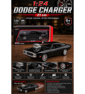 1:24 Ölçek Siyah Dodge Charger Metal Premium Model Araba - Kapıları Açılan Geri Çek Bırak Diecast 21 cm