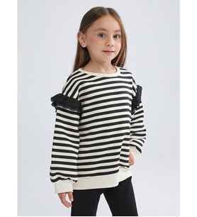 LCW Kids Siyah Bisiklet Yaka Çizgili Kız Çocuk Sweatshirt