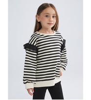 LCW Kids Siyah Bisiklet Yaka Çizgili Kız Çocuk Sweatshirt
