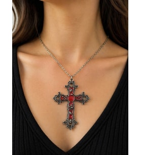 Kırmızı Detaylı Haç Tasarım Metal Kolye – Vintage Stil Zincirli Kolye