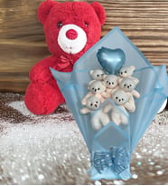 Premium 35 cm Peluş Ayı Premium Kalp Balonlu Romantik Mavi Peluş Ayıcık Buketi (Kırmızı)