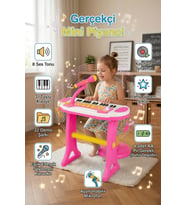 Mikrofonlu Tabureli Çocuk Piyano Org Seti - 31 Tuşlu Işıklı Sesli Eğitici Müzik Aleti Oyuncağı
