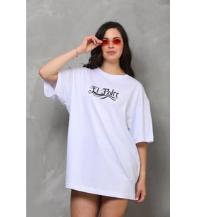 Unisex Bisiklet Yaka Baskılı Oversize T-Shirt - Beyaz