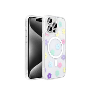 Apple iPhone 15 Pro Max Uyumlu Kılıf M-Safe Şarj Özellikli Şeffaf Zore Folk Sert Kapak (Papatya)