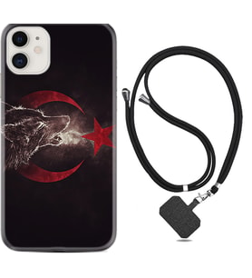 Apple iPhone 11 12 13 Mini Kılıf Boyun Askılı Silikon Kurt ve Ay Yıldız 1403