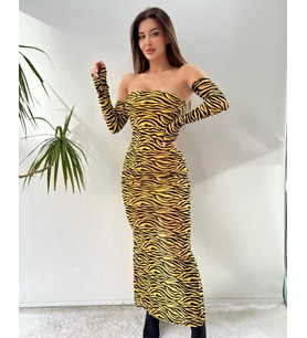 Sarı Tül Üzeri Flog Baskılı Zebra Desenli