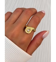 Taşlı Damla Desen Gold Yüzük