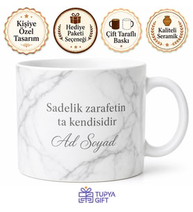 Minimalist Beyaz Mermer Görünümlü İsim Yazılı Şık Seramik Kupa Hediye Bardak
