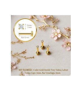 3 Adet Mini Tektaş Cerrahi Çelik Piercing Tragus Helix Kıkırdak Conch Gold-Gümüş Renk 6 mm 3 mm Taş