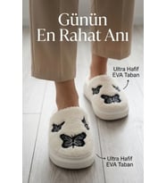 Unisex Hafif ve Yumuşak Peluş Kaymaz Taban Anne Çocuk Misafir Kelebek Desen Ekru Ev Terliği