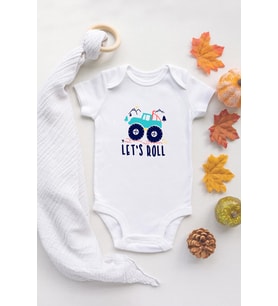 Organik %100 Pamuk Kısa Kollu Beyaz Lets Roll Araba Bebek Body Bebek Badi Çıtçıtlı Zıbın